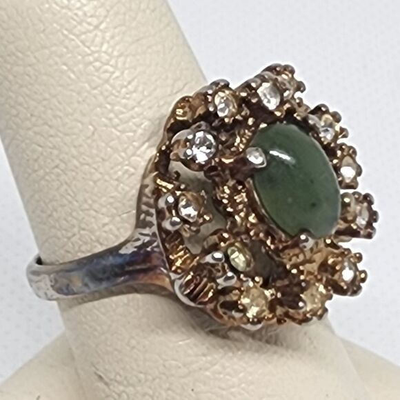 Vintage 18 Karat Gold Electroplated Nephrite & Glass Rhinestones Ring (6) - Picture 2 of 6